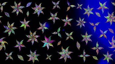 Çocuksu tasarım. Siyah arka planda. Elle çizilmiş çiçek desenli Raster çizimi. Tekstil, kumaş, ambalaj, hatıra defteri için güzel çiçek arkaplanı..