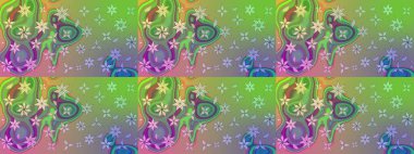 Yumuşak, yeşil renkli bahar çiçekleri. Raster illüstrasyonu. Yaprak ve çiçeklerin suluboya resmi, yeşil renkte çizim deseni.