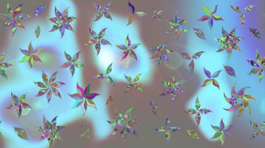 Raster illüstrasyonu. Şirin çiçekli eskiz deseni ve mavi renkli yapraklar, suluboya çiçek deseni, duvar kağıdı, kart veya kumaş için fayanslı.