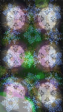 Güzel raster grisi, nötr ve yeşil kar taneleri renkli bir arka planda izole edilmiş. İllüzyon. Kar taneleri, kar yağışı. Düşen Noel stilize kar taneleri.