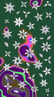 Raster illüstrasyonu. Yumuşak, yeşil renkli bahar çiçekleri. Yaprak ve çiçeklerin suluboya resmi, yeşil renkte çizim deseni.