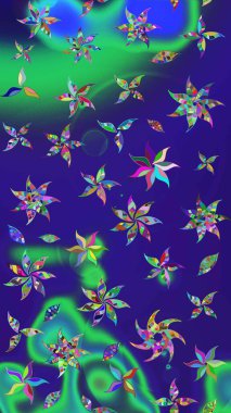 Mavi renklere karalamalar çizilmiş çiçek deseni. Raster illüstrasyonu.