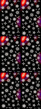 Varicoloblack Raster çizimi. Bir sürü siyah ve soyut çiçekli tropik eskiz deseni. Küçük çiçekte sevimli çiçek deseni var..