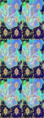 Altın elementlerle mavi renklerde altın desen. Süslü raster dekorasyonu. Barok biçiminde duvar kağıdı tasarımı için şablon çizimi arkaplanı.