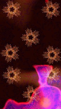 Raster illüstrasyonu. Noel ve yeni yıl moda baskıları için tatil tasarımı. Kar tanelerinin soyut arkaplanlı Noel şablonu. Siyah, kahverengi ve kırmızı kar taneleri.