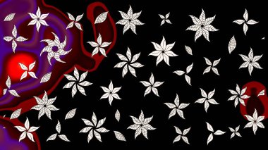 Eskiz geçmişi. Eski usul. Kumaş, tekstil, duvar kağıdı baskısı için. Renkli desenli eskiz deseni, siyah çiçekler ve dekoratif elementlerle. Raster illüstrasyonu.