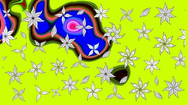 Çocuksu tasarım. Yeşil arka planda. Tekstil, kumaş, ambalaj, hatıra defteri için hoş bir çiçek arkaplanı. Elle çizilmiş karalama çiçekleri ile Raster çizim deseni.