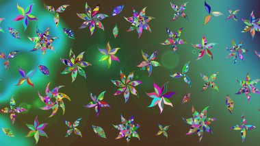 Çok yeşil zarif küçük çiçekler ve yeşil renkli komik böcekler, raster desen, illüstrasyon.