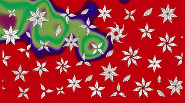 Kibarca, kırmızı renkte bahar çiçekleri. Raster illüstrasyonu. Yaprak ve çiçeklerin suluboya resimleri, kırmızı renklerde çizimler..