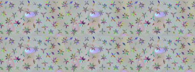 Renkli desenli eskiz deseni, gri çiçekler ve dekoratif elementlerle. Eskiz geçmişi. Kumaş, tekstil, duvar kağıdı baskısı için. Raster illüstrasyonu. Antika retro tarzı.