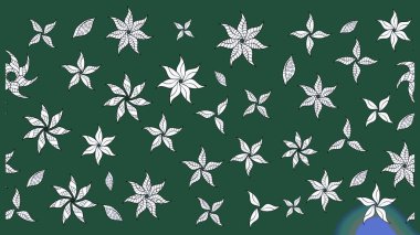 Yeşil arka planda. Çocuksu tasarım. Elle çizilmiş çiçek desenli Raster çizimi. Tekstil, kumaş, ambalaj, hatıra defteri için güzel çiçek arkaplanı..