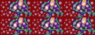 Raster illüstrasyonu. Renkli desenli eskiz deseni, kırmızı çiçekler ve dekoratif elementlerle. Eskiz geçmişi. Kumaş, tekstil, duvar kağıdı baskısı için. Antika retro tarzı.