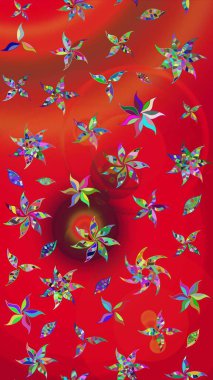 Şirin çiçekli eskiz deseni ve kırmızı renklerde yapraklar, suluboya çiçek deseni, duvar kağıdı, kart veya kumaş için fayanslı. Raster illüstrasyonu.