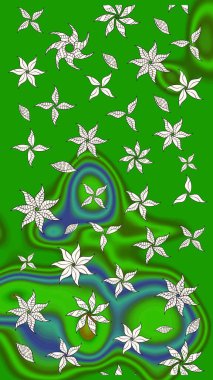 Parlak çiçekli yeşil renkler üzerine soyut çizim deseni. Çiçeksel elementlerle süslenmiş zarif raster dokusu. Küçük çiçekte şirin bir çiçek deseni var..