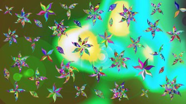 Raster Modaya uygun kumaş deseni. Yeşil renkli şirin çiçek deseni. Renkli Bahar Teması eskiz kalıbı. Düz Çiçek Elementleri Tasarımı.