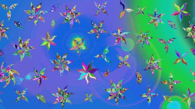 Parlak renkli fantezi çiçekleri, yapraklar, mavi renkli tomurcuklar. Suluboya el çizimi elementli çiçek çizimi deseni.