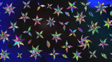 Parlak renkli fantezi çiçekleri, yapraklar, gri renkli tomurcuklar. Suluboya el çizimi elementli çiçek çizimi deseni.