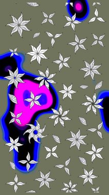 Kumaş, tekstil, duvar kağıdı baskısı için. Eskiz geçmişi. Raster illüstrasyonu. Renkli desenli eskiz deseni, yeşil çiçekler ve dekoratif elementlerle. Antika retro tarzı.