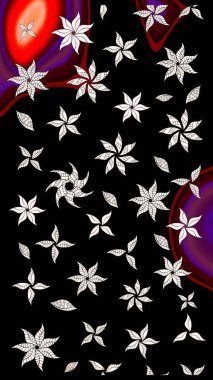 Bir sürü siyah ve soyut çiçekli tropik eskiz deseni. Küçük çiçekteki sevimli çiçek deseni. Varicoloblack Raster çizimi.