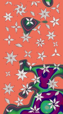 Nakış desenli çiçek deseni. Parmak izi, kumaş, duvar kâğıdı, tekstil için raster dokusu. Renkli grunge soyut arkaplanı koloturuncu çiçeklerle zenginleştirir.