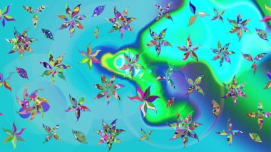 Moda baskıları için zarif bir şablon. Parlak renkli çiçekleri ve mavi yaprakları olan harika bir çiçek deseni. Modern çiçek arkaplanı. Halk stili.