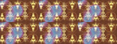 Raster illüstrasyonu. Noel ve yeni yıl moda baskıları için tatil tasarımı. Kar tanelerinin soyut arkaplanlı Noel şablonu. Altın renkler.