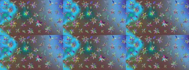 Mavi renkli çiçekler. Hediye ambalaj kağıdı, tebrik kartları, posterler ve pankart tasarımı. Raster düz çiçek çizim deseni.