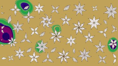 Sarı renkli Asya tekstili. Çiçek desenli çizim. Raster illüstrasyonu.