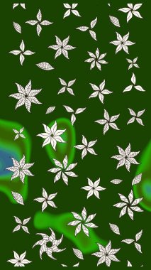 Raster illüstrasyonu. Çiçek ve yapraklı karalama şeklinde Raster çiçek deseni. Yumuşak, yeşil renkte bahar çiçekleri.