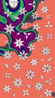 Turuncu arka planda. Elle çizilmiş çiçek desenli Raster çizimi. Çocuksu tasarım. Tekstil, kumaş, ambalaj, hatıra defteri için güzel çiçek arkaplanı..