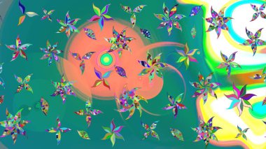 Parlak renkli fantezi çiçekleri, yapraklar, mavi renkli tomurcuklar. Suluboya el çizimi elementli çiçek çizimi deseni.