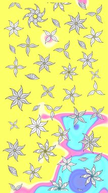 Raster çiçek desenli çiçek deseni, yapraklar, dekoratif elementler, sıçrama, lekeler, el çizimi kontur çizgileri ve Doodle çizim stili, grafik raster çizim çizimi.