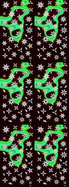 Çiçek desenli çizim. Raster illüstrasyonu. Asya tekstil tarzında. Siyah renkli çiçekler. Raster illüstrasyonu.