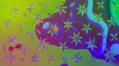 Yeşil renkte manzaralı çiçek deseni. Üst manzara, yumuşak stil. Sevgililer günü ve tebrik kartı konsepti için şık bir davetiye. Çiçek kompozisyonu, el boyası, hassas şablon..