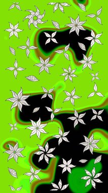 Yeşil renkli Asya tekstili. Suluboya çiçekli çiçek deseni. Raster illüstrasyonu.