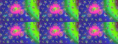 Mavi renkli Asya tekstili. Raster illüstrasyonu. Suluboya çiçekli çiçek deseni.