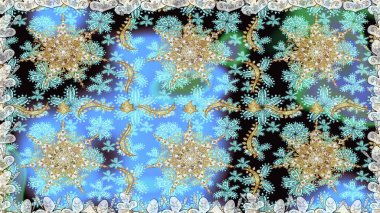 Mavi renklerde, altın elementli, pürüzsüz bir desen. Şam tasarım için kusursuz desen.