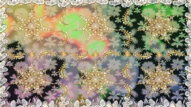 Parlak dantel, stilize çiçekler, şal desenli. Doğu tarzı arabesk. Hassas altın deseni açın. Raster. Kusursuz altın desenli bukleler. Gri renklerde, altın elementlerle kusursuz desen.