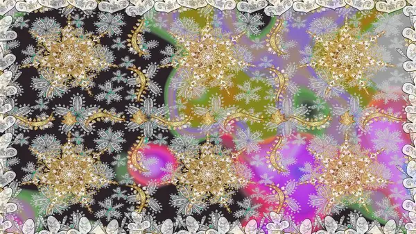 Tekrarlayan elementlerle soyut arkaplan oluşturun. Gri renkler ve altın elementler üzerinde altın pürüzsüz desen. Raster illüstrasyonu. Kusursuz, klasik altın desen..