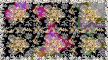 Hassas altın deseni açın. Doğu tarzı arabesk. Parlak dantel, stilize çiçekler, şal desenli. Kusursuz altın desenli bukleler. Raster. Gri renklerde, altın elementlerle kusursuz desen.