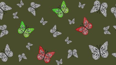Raster illüstrasyonu. Güzel suluboya kelebekler. Yeşil kelebek çizimi. Kıyafetler, erkekler, kızlar ve duvar kağıtları için soyut çizim kalıbı. Fantezi sevimli illüstrasyon.