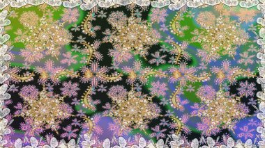 Süslü dantel iz sürücü. Gri renkli geleneksel Arapça dekor. Çiçekli süslemeli, pürüzsüz bir desen. Duvar kâğıdı için altın süslü bir illüstrasyon. Doğu tarzında vintage tasarım ögesi.