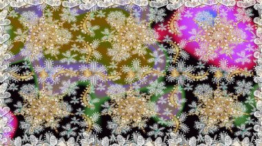 Çiçekli süslemeli, pürüzsüz bir desen. Duvar kâğıdı için altın süslü bir illüstrasyon. Doğu tarzında klasik tasarım öğesi. Süslü dantel iz sürücü. Gri renkler üzerine geleneksel Arapça dekor.