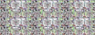 Kusursuz etnik tasarım. Yatak çarşafları, ceket, paket tasarımı, kumaş ve moda kavramları için tekstil baskısı. Çiçekleri, deniz kabukları, mandalaları ve suluboya efektleri olan deniz altyapısı.