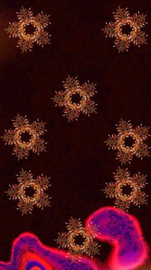 Kar tanelerinin soyut arkaplanlı Noel şablonu. Siyah, kahverengi ve kırmızı renkler. Noel ve yeni yıl moda baskıları için tatil tasarımı. Raster illüstrasyonu.