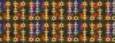 Kahverengi, yeşil ve sarı kar taneleri. Renkler. Raster illüstrasyonu. Noel ve yeni yıl moda baskıları için tatil tasarımı. Kar tanelerinin soyut arkaplanlı Noel deseni.