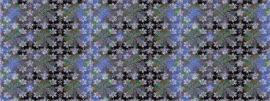 Moda baskıları için zarif bir şablon. Halk tarzı. Parlak renkli çiçekleri ve mavi renkli yaprakları olan kusursuz çiçek desenleri. Modern çiçek arkaplanı.