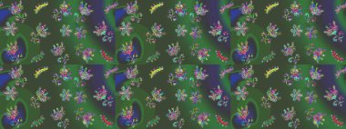 Küçük çiçekteki sevimli çiçek deseni. Yeşil, mor ve mavi renkte çiçekler.