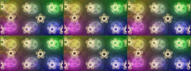 Kar tanelerinin soyut arkaplanı olan şirin bir Noel arkaplanı. Yeşil, nötr ve mor kar taneleri. Raster illüstrasyonu. Renkler. Noel ve Yeni Yıl moda baskıları için tatil tasarımı.