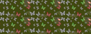 Kelebek deseni. Robot resim. Kumaş, tekstil, baskı ve davetiye örnekleri. Raster. Yeşil arkaplan üzerine resim.